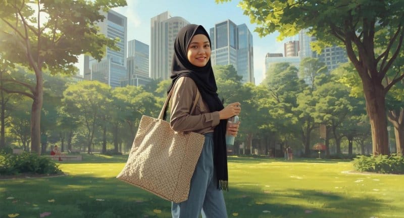 Ilustrasi perempuan muda membawa tas belanja kain dan botol minum di taman kota sambil tersenyum — menggambarkan aksi individu menjaga lingkungan.