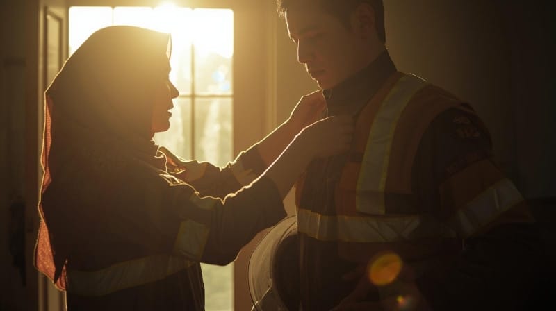 Istri membantu merapikan seragam safety suami sebelum berangkat kerja ke lapangan.