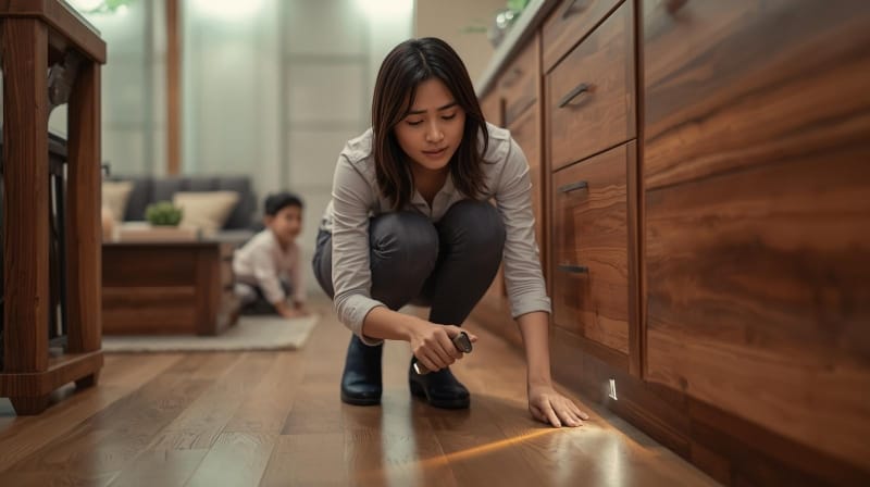 Ibu rumah tangga sedang mengecek ciri rumah kena rayap pada kitchen set kayu.