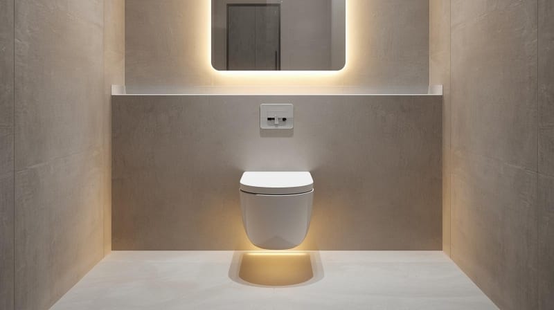 Desain kamar mandi futuristik dan minimalis menggunakan bidet kloset duduk terbaik tipe tankless dari JOMOO