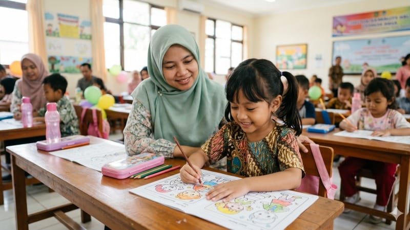 Seorang anak perempuan didampingi ibunya saat mengikuti kompetisi mewarnai yang menyenangkan