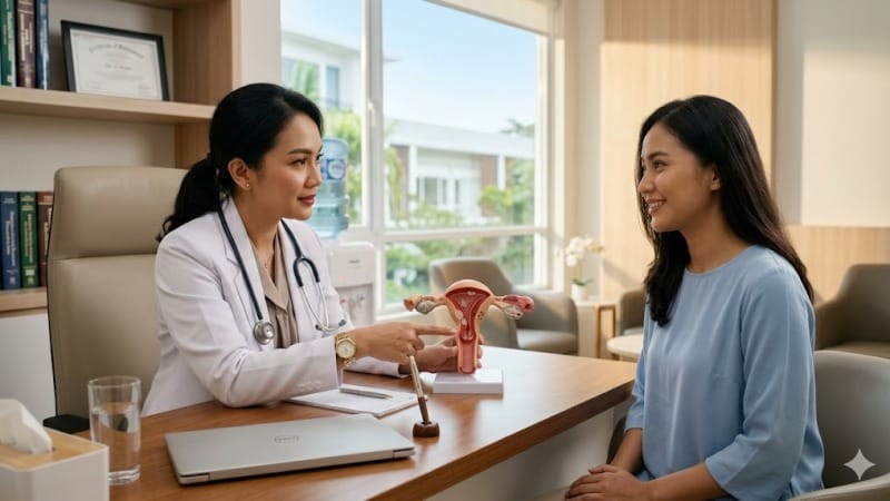 Sesi konsultasi dokter kandungan mengenai proses kuret rahim.
