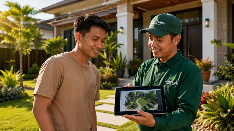 Konsultasi desain dengan jasa tukang taman profesional untuk memastikan tata letak dan drainase rumah yang baik.