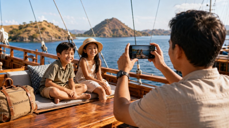 Keluarga menikmati momen liburan ke Komodo dengan nyaman di atas kapal wisata