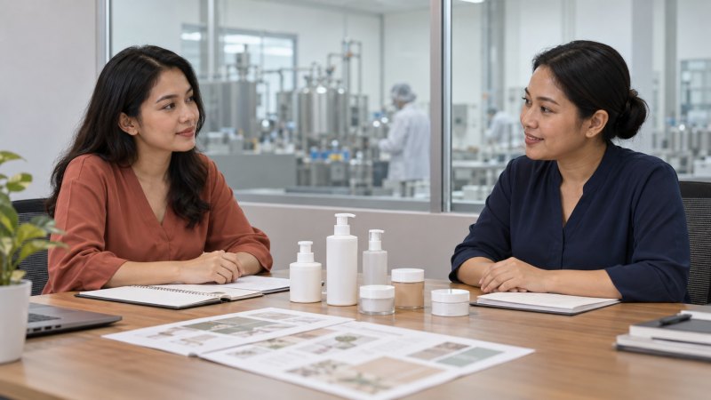 Ilustrasi konsultasi pabrik maklon skincare dengan sampel kemasan dan dokumen di meja.
