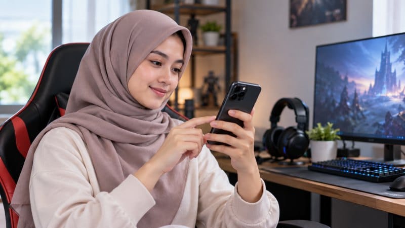 Pemain game memeriksa pembelian melalui ponsel di meja komputer