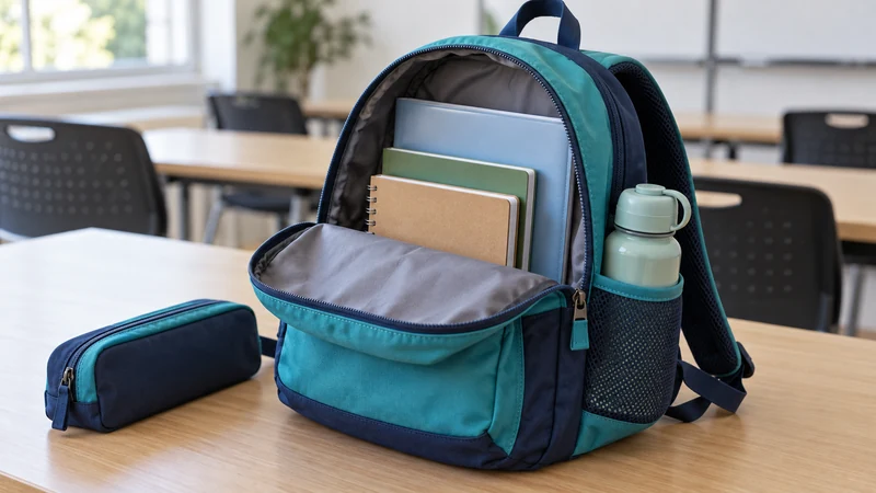 Sampel tas sekolah anak terbuka berisi map dan buku, dengan botol di kantong samping.