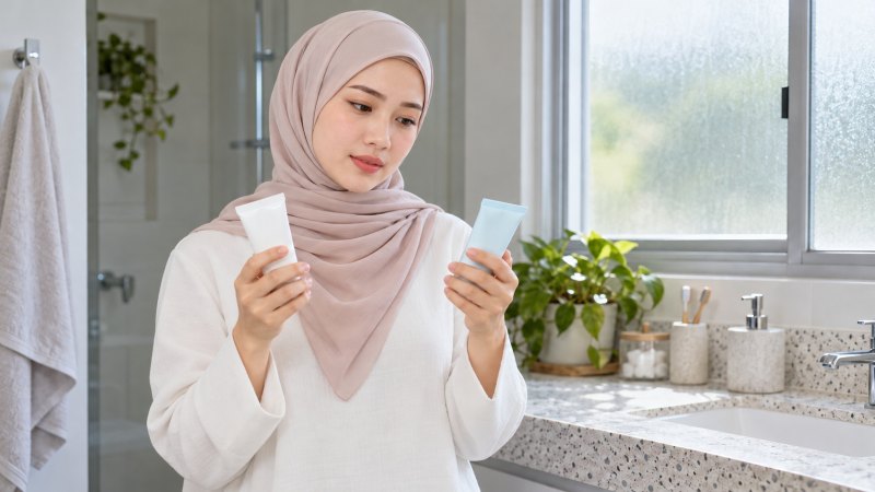 Perempuan berhijab membandingkan dua tube sebagai ilustrasi memilih sunscreen untuk kulit berminyak dan berjerawat.