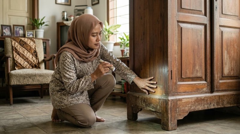 Pemilik rumah memeriksa lemari lama saat merawat perabot kayu warisan keluarga